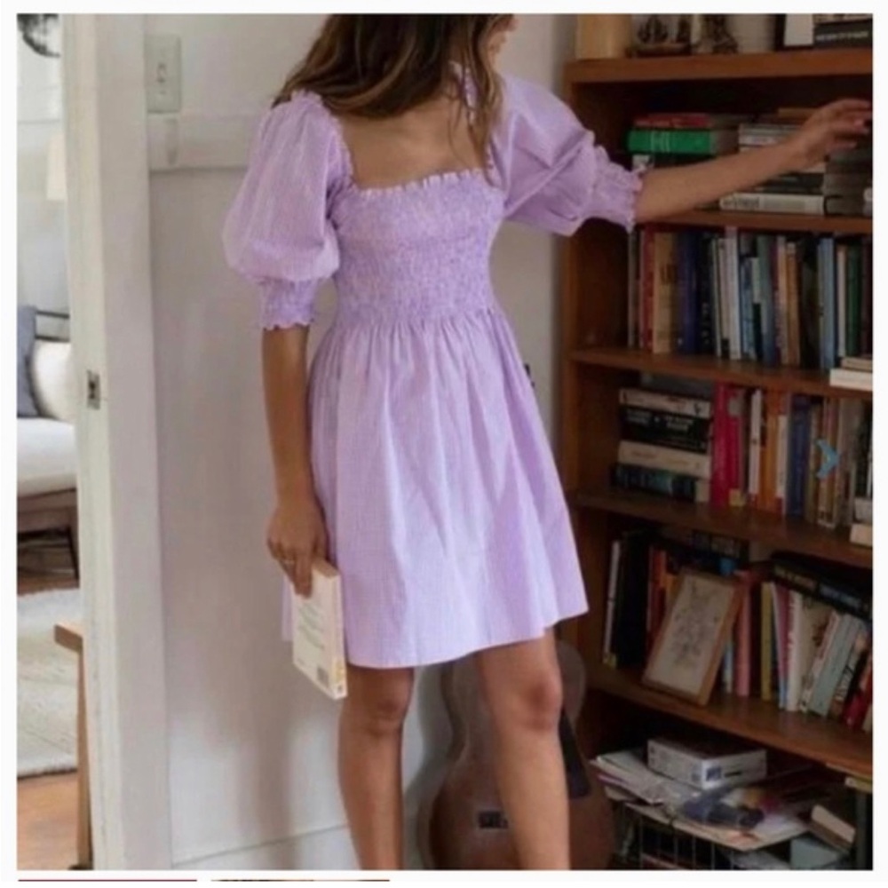 Hill House Lavender Puff-Sleeve Smocked Mini Dress